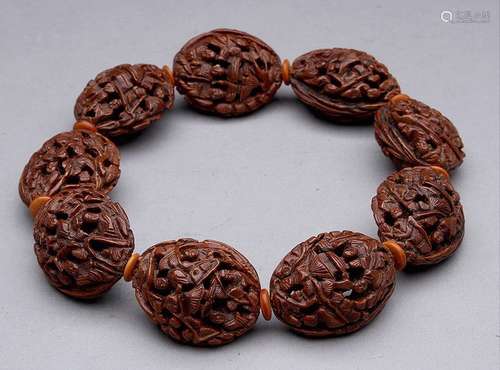 Antique Finely Carved Wooden Chinese Pit Bead Bracelet