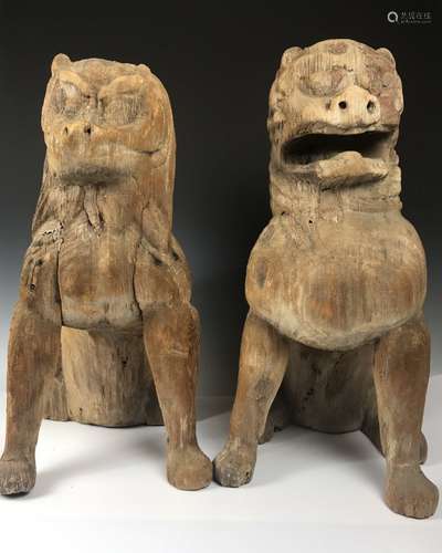 Pair of Japanese Wood Carving Temple Lions