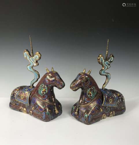 Pair of Chinese Cloisonne Horses Incense Holders