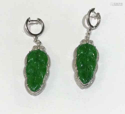 Pair of 18kg ,Diams & Natural Jadeite Earrings