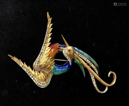 1960's 18k YG / Diams / Enamel Bird Brooch