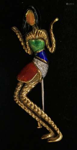 1960's Italy 18k YG Diams Enamel Lady Brooch