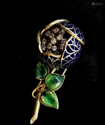 1960's 14k YG Diams Blue & Green Enamel Flower Brooch