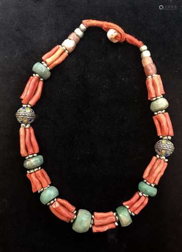 Antique Necklace With Cotal ,Agate,Turquoise And Silver