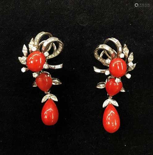 1950's 14k Gold Earing With Red Coral,Diamonds