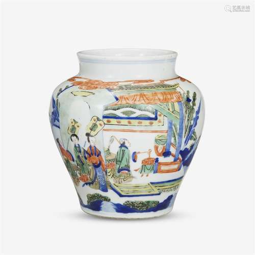 A small Chinese wucai-decorated porcelain Court scene jar, wanli six character mark