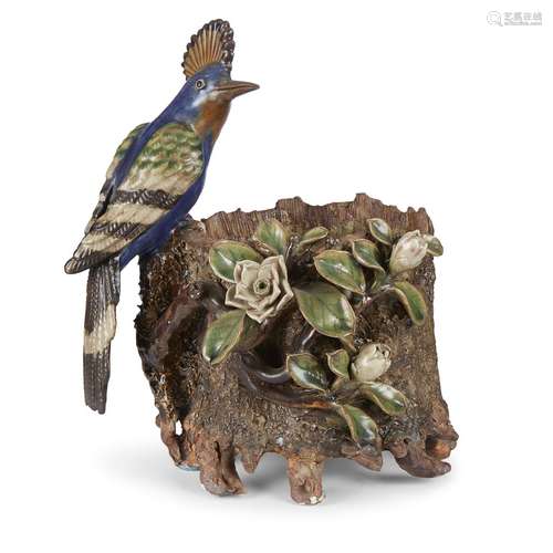 A Chinese Shiwan stoneware jardiniere with hoopoe,