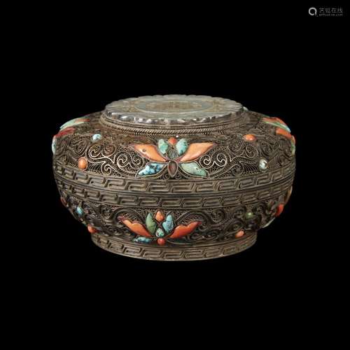 A Chinese white jade, coral and turquoise-embellished silver filigree box, Qing dynasty