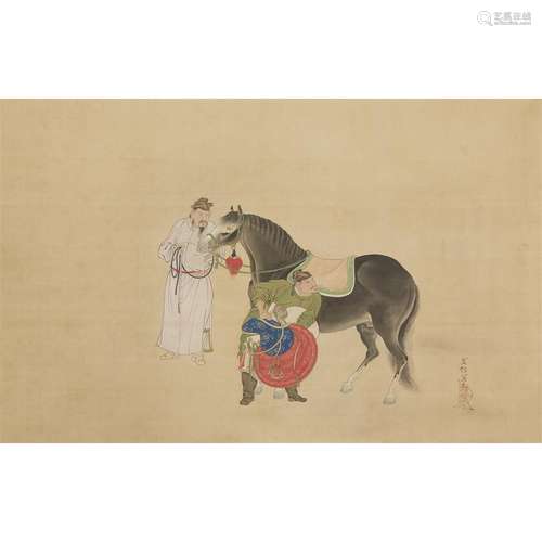 KANO YOSHINOBU, MID TO LATE EDO PERIOD, SADDLING A HORSE