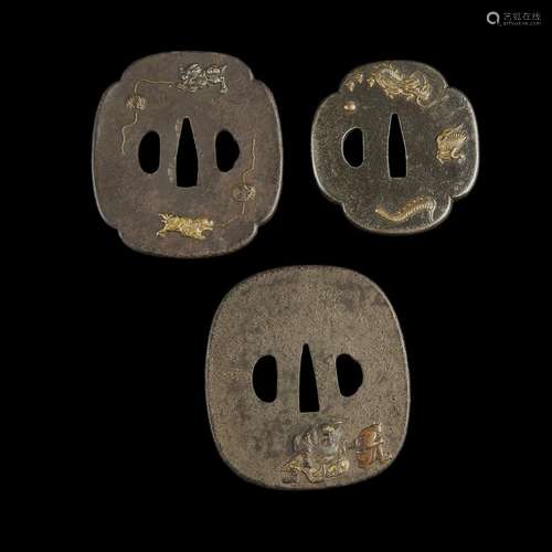 Group of three Japanese mixed metal-inlaid iron tsuba,