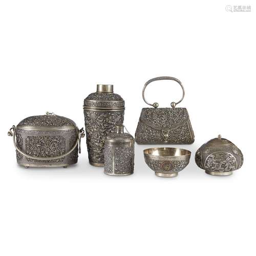 Group of six Chinese pierced and repousse silver vessels and boxes,,