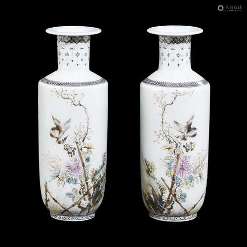 A pair of small Chinese porcelain enameled vases, decorated with birds and flowering branches, 20th century