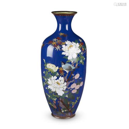 A large Japanese Bird and Flowers of the Four Seasons blue-ground cloisonne vase, late 19th/ early 20th century