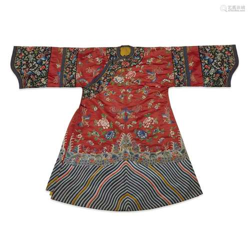 A Chinese woman's embroidered red silk formal robe with phoenix and flower design, late qing