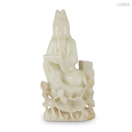 A Chinese white soapstone carving of Guanyin, seated and holding a scroll, late qing dynasty/first half 20th century