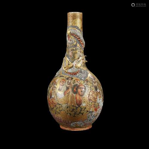 A Satsuma enameled pottery Dragon and Rakan small bottle vase,