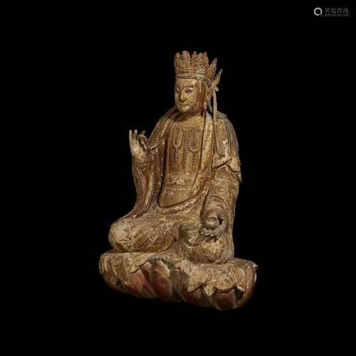 A Chinese carved, gesso-decorated and gilt wood figure of a Bodhisattva, Ming dynasty