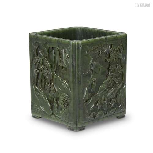 A Chinese spinach jade square brush pot, Underside with four-character Qianlong mark