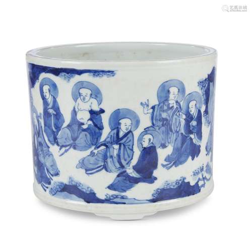 A Chinese blue and white porcelain Lohan cylindrical brush pot, Bitong,