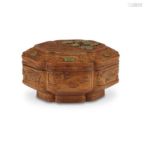 A Chinese bamboo-veneered turquoise-inlaid small hexagonal box, qing dynasty, 18th/19th century