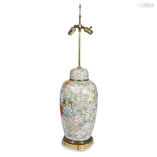 A Chinese Famille rose-decorated porcelain Millefleurs vase and cover, mounted as a lamp,