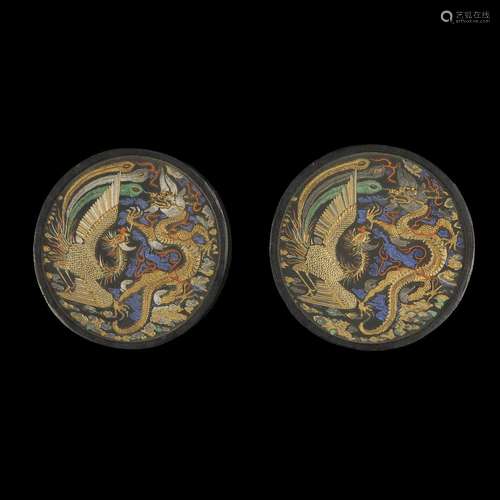 A pair of Chinese Dragon and Phoenix molded, colored, and parcel-gilt black ink cakes,