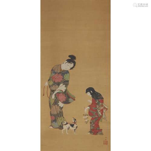 JAPANESE SCHOOL, 19TH CENTURY, TWO FIGURES WITH A DOG