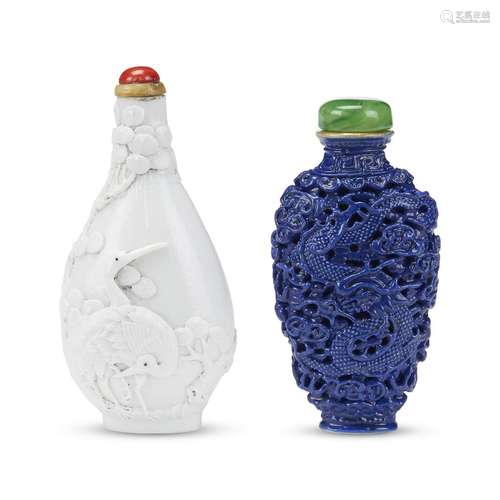 Two Chinese molded porcelain snuff bottles: a cobalt-glazed Dragon and Phoenix bottle; a white Cranes and Pine bottle,