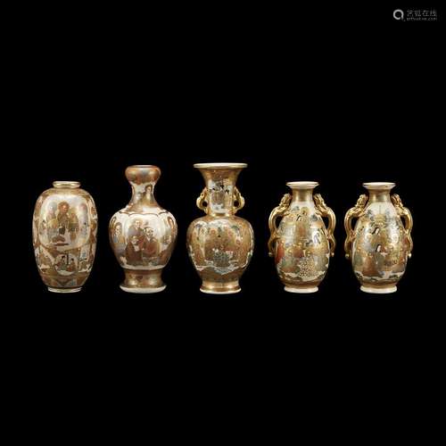 Group of five assorted Satsuma pottery vases,