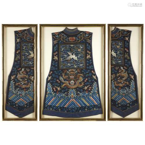 Three parts of a Chinese lady's embroidered silk vest with rank badges, qing dynasty