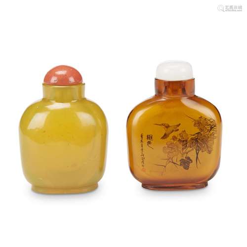 A Chinese interior painted Lohan and Kingfisher snuff bottle and an opalescent amber glass snuff bottle,