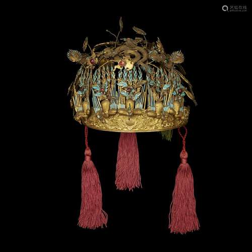 A Chinese ormolu and kingfisher court headdress, 19th century