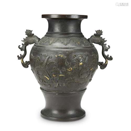 A Japanese gold-inlaid bronze Phoenix and Dragon vase, second half 19th century