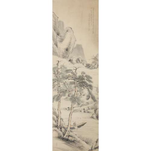 TANIMURA CHIKUDEN, LATE 18TH/EARLY 19TH CENTURY, A GENTLEMAN IN A BOAT ALONG A RIVER, UNDER GNARLED PINES, IN THE MOUNTAINS