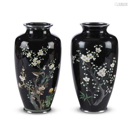 Two similar Japanese cloisonne black-ground vases, Inaba, Kyoto,