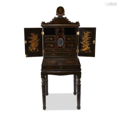 A Chinese export lacquer secretary and cabinet on associated japanned stand, the lacquer circa 1825-1850,