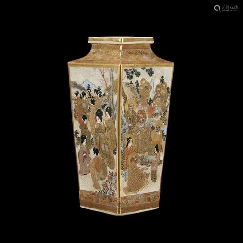 A Satsuma pottery square vase, decorated with geisha and rakan,