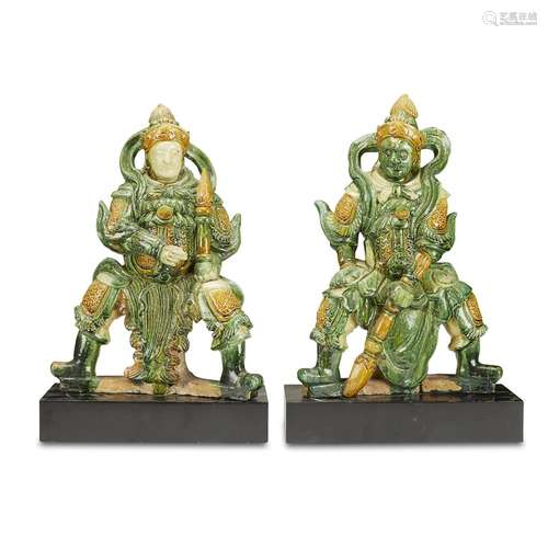 A pair of Chinese yellow and green-glazed pottery figures of Tianwang, ming dynasty