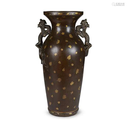 A Chinese gold splashed patinated bronze vase with qilong handles,