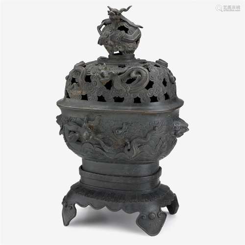 A Chinese bronze censer, cover and stand, yu tang jing wan mark, 18th/19th century