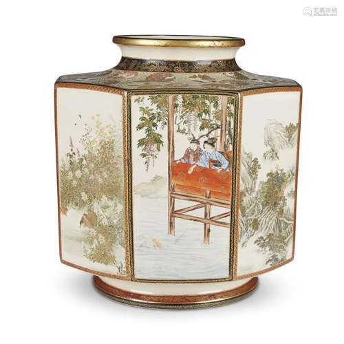 A large Satsuma octagonal pottery vase, decorated with landscape and figural scenes, meiji period