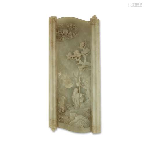 A Chinese carved celadon-grey jade scroll-form wrist-rest,