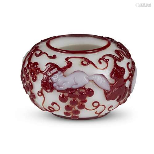 A Chinese burgundy-red and opalescent-white overlay on white glass globular water coupe, 19th century