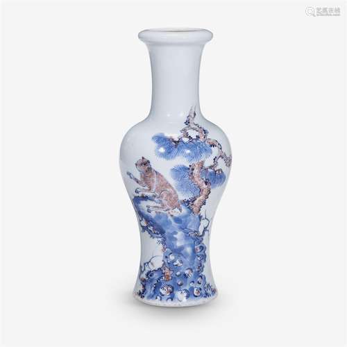 An unusual Chinese underglaze blue and copper red baluster vase, kangxi six character mark