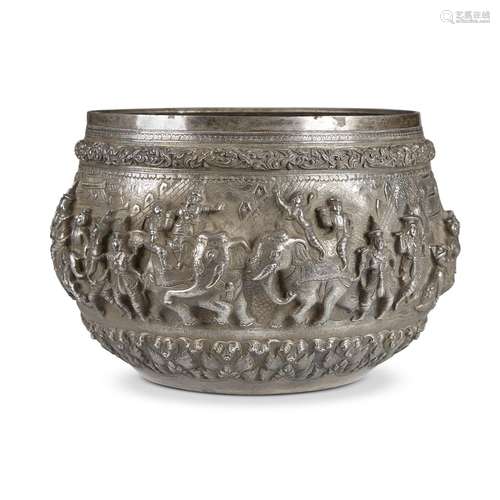 A large Burmese silver repousse figural bowl, 19th/early 20th century