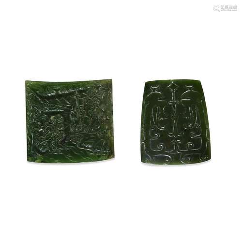 Two Chinese spinach jade plaques: 'Mounted figure in a landscape' and an archaistic example,