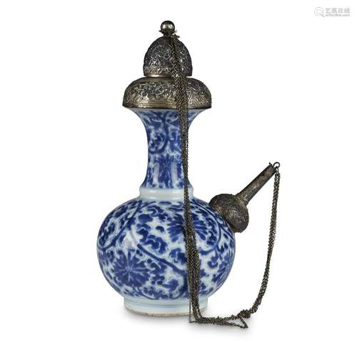 A Chinese silver-mounted blue and white porcelain kendi, the porcelain, kangxi period, the silver mounts possibly contemporary