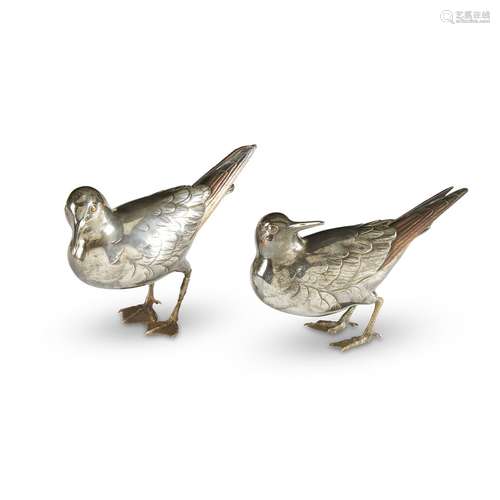 A pair of Japanese mixed metal birds,