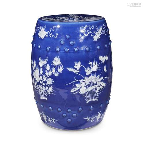 A Chinese white slip-decorated cobalt-ground barrel-form garden stool,