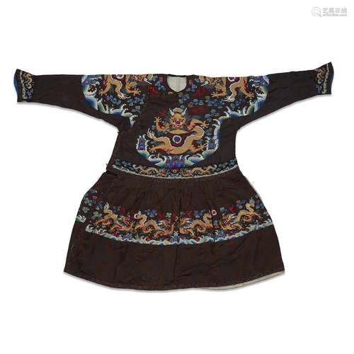 A rare Chinese silk and gold-embroidered figured brown silk formal court robe, chaofu, late qing dynasty